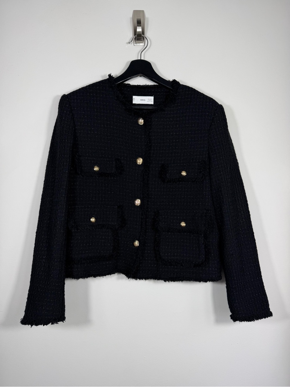 Mango MNG Black Tweed Gold Button Lady Jacket Blazer XL Quiet Luxury